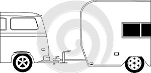 Microbus and Camper Trailer Line Drawing