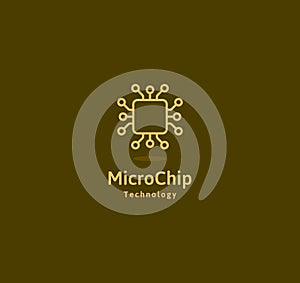 Microchip abstract linear vector logo. Microprocessor plain icon. Digital art design element. Smart technology logotype.
