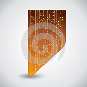 Microchip background. Vector microprocessor visualization in a chip. Yellow solder scheme on a copper plate. Computer electronic