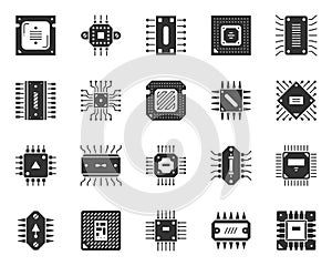 Microchip black silhouette icons cpu vector set