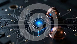 Microchip with blue glowing core.