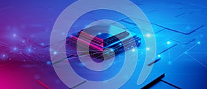 microchip brain neural of AI robot for high technology network, quantum computer processing,