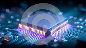 Microchip on a circuit board powering advanced computing performance and AI processing concept.