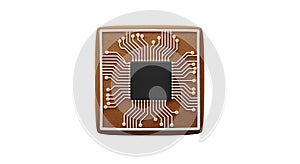 Microchip on a circuit board, representing advanced technology, AI, data processing, and digital innovation for tech presentations