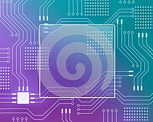 Microchip with circuit, colorful background. Copy space