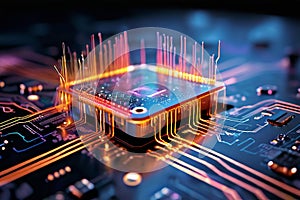 microchip circuitry with data flow visualization close up of a m