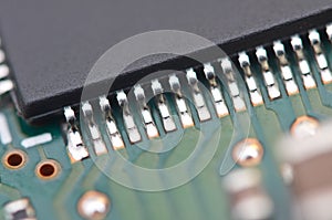Microchip close-up on electronic board. Macro