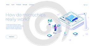 Microchip concept illustration in isometric vector design. Semiconductor or computer processor chip production. CPU hardware