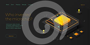 Microchip concept illustration in isometric vector design. Semiconductor or computer processor chip production. CPU hardware