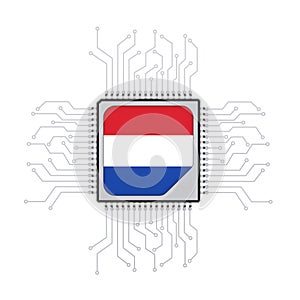 Microchip CPU Processor with Circuit and the Netherlands Flag. 3d Rendering