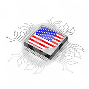 Microchip CPU Processor with Circuit and USA Flag. 3d Rendering
