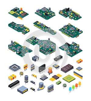 Microchip hardware. Manufacturing computer power green motherboards with small chip for electronic devices garish vector