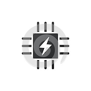 Microchip icon. CPU, Central processing unit, computer processor, chip symbol with lightning icon. Abstract technology logo.