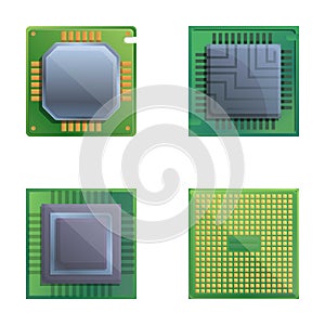 Microchip icons set cartoon vector. Central computer processor