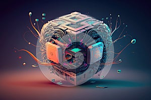 Microchip inside cloud of dots and lines in shape of cube, modified biological brain, nervous system. Electric activity inside the