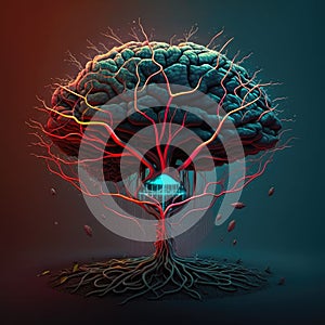Microchip inside cloud of dots and lines in shape of biological brain, organic nervous system. Electric activity inside the system