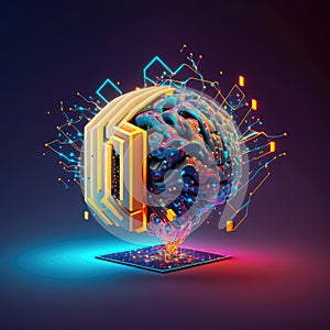 Microchip inside cloud of dots and lines in shape of biological brain, organic nervous system. Electric activity inside the system