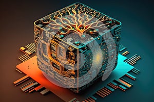 Microchip inside cloud of dots and lines in shape of cube, modified biological brain, nervous system. Electric activity inside the