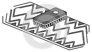 Microchip Integrated Circuit Component on a Complex Zigzag Pathway Border, vector design Generative AI