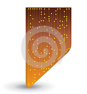 Microchip jpeg background. Microprocessor visualization in a chip. Yellow solder scheme on a copper plate. Computer