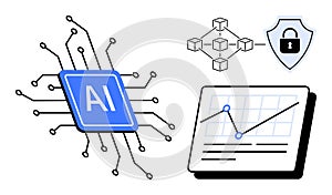 Artificial Intelligence Chip, Blockchain Network, Cybersecurity, and Data Analysis Chart Elements