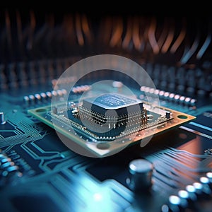 Microchip, motherboard and computer hardware, CPU and circuit board with technology and closeup. Cyber tech, cloud