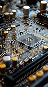Microchip on motherboard. Electronic circuit board close-up. Advanced technology CPU processor for modern computers