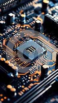 Microchip on motherboard. Electronic circuit board close-up. Advanced technology CPU processor for modern computers