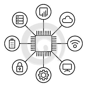 Microchip Network Vector with Cloud, Gear, Server, and Lock Icons in Line Style