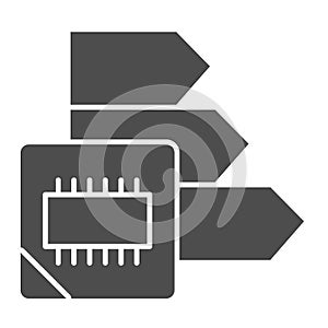 Microchip power chart solid icon. Energy consumption, chip and arrows symbol, glyph style pictogram on white background