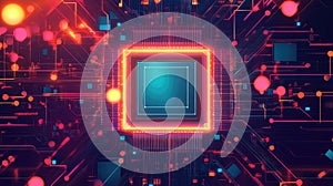 Microchip processing circuit board with glowing neon pathways