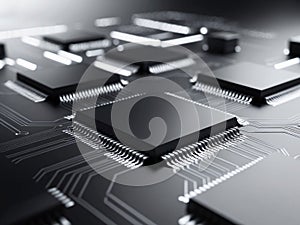 Microchip processor circuit board technology on dark.