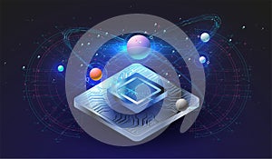 Microchip processor with lights effects. cybernetic system, futuristic computing technology. Analysis and scanning of the chip.