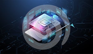 Microchip processor with lights effects. cybernetic system, futuristic computing technology. Analysis and scanning of the chip.