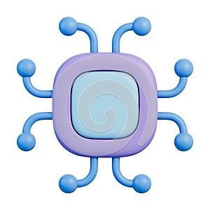 Microchip processor with neural nodes and circuit network for computing, 3d illustration