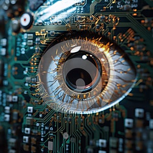 microchip in the pupil of the eye, artificial intelligence, electronic eye concept,