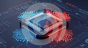 Microchip with Red and Blue Glowing Circuits and Data Streams processor computer