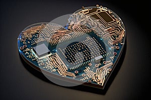 Microchip in the shape of a heart, created with Generative AI technology