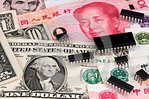 Microchips on US Dollar and China Yuan currency banknotes. Microchip shortage USA China Trade War