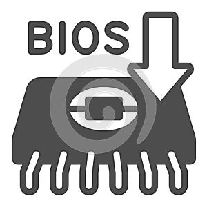 Microcircuit with BIOS chip solid icon, pcrepair concept, BIOS chip vector sign on white background, BIOS chip and arrow