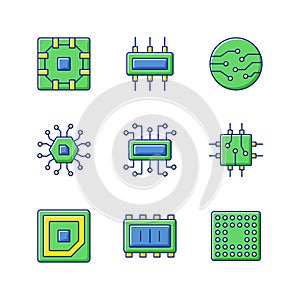 Microcircuits RGB color icons set