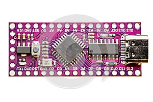 Microcontroller board on a white background