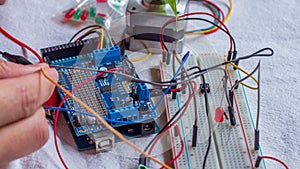Microcontroller build closeup showing components, board and shield