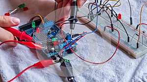 Microcontroller build closeup showing components, board and shield