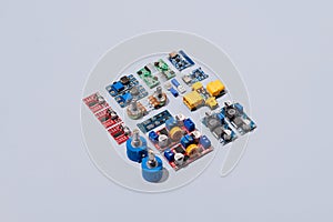 Microcontrollers, boards, sensors, leds and modules for learning the basics of electronics. Various electronic components for