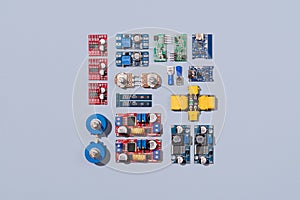 Microcontrollers, boards, sensors, leds and modules for learning the basics of electronics. Various electronic components for