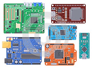 Microcontrollers. PCB electrical boards, semiconductor microchip technology computers machine, circuit module