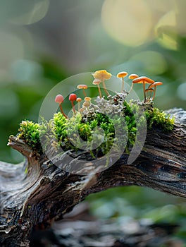 A microcosm thrives on a driftwood piece, transforming it into a miniature ecosystem photo