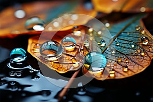 Microcosmic view water drips from leaf