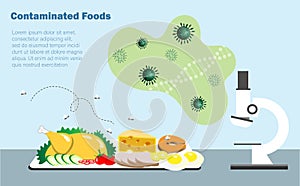 Microcsope display becteria and virus from unclean food testing on table with flies around